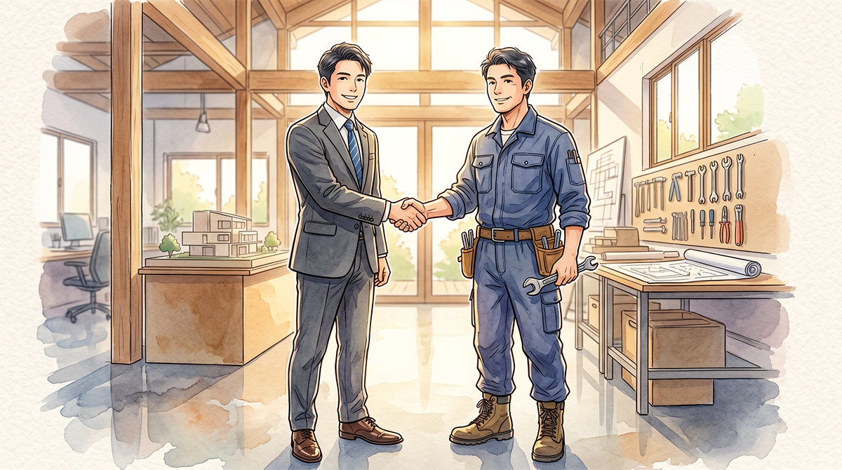 スーツのビジネスマンと作業着の職人