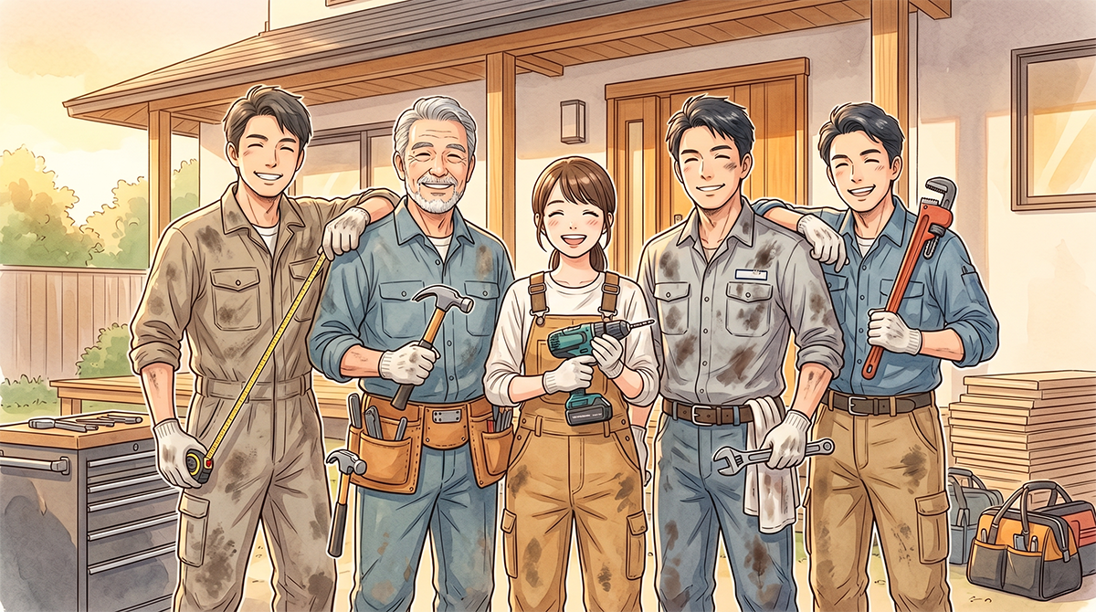 作業着で笑顔の職人たちが仕事を終えた充実感