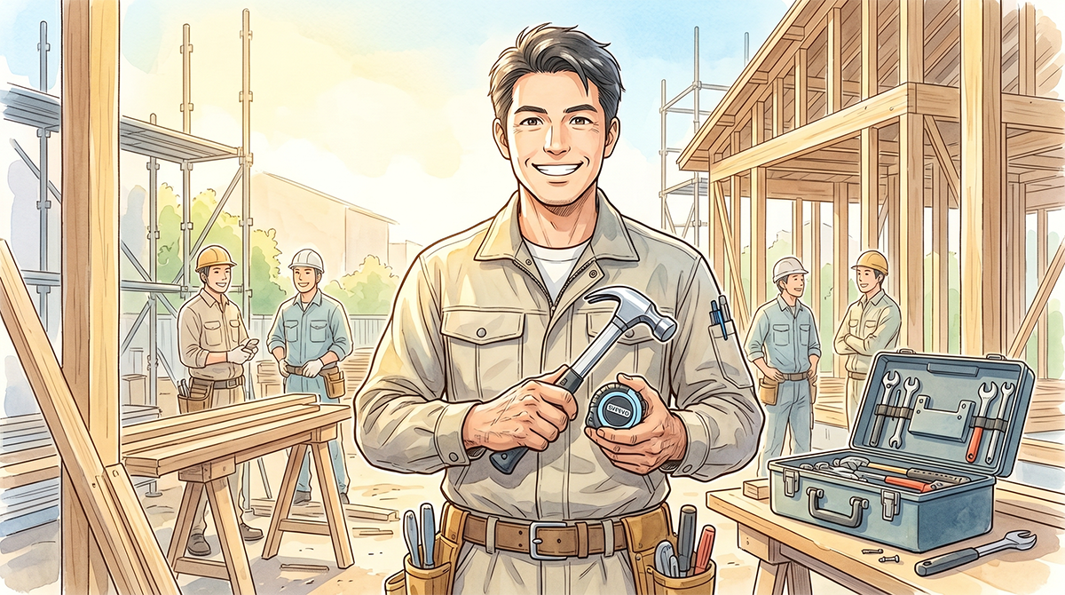 現場職人が誇りある笑顔で働くシーン