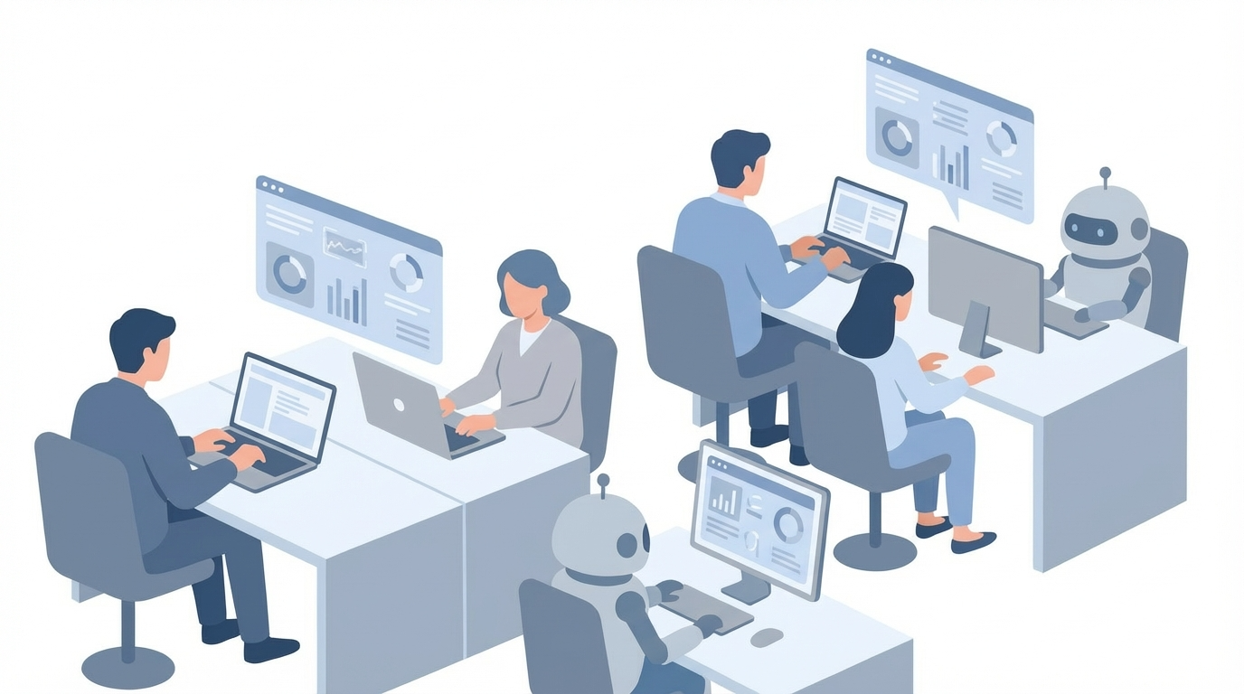 デスクに向かってPC作業をしている人々