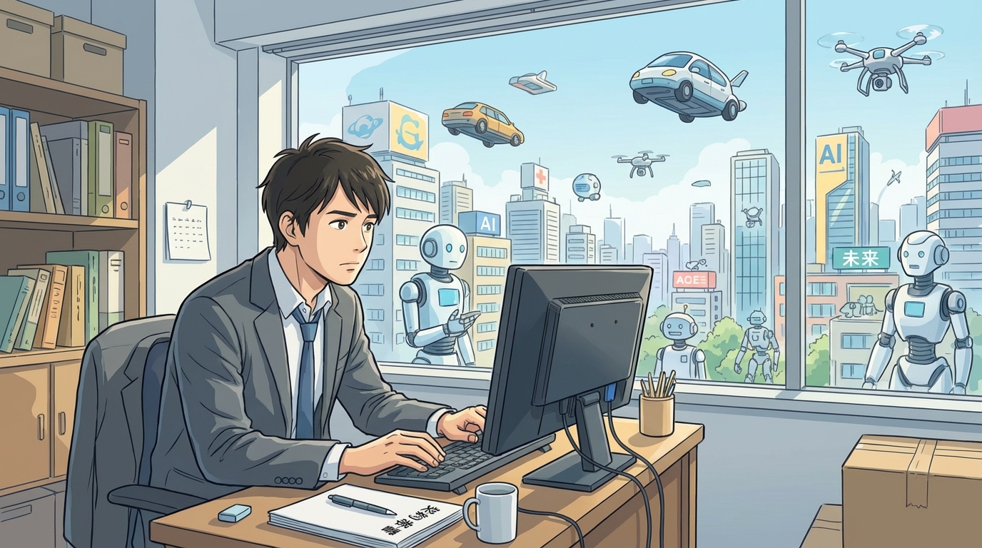 将来への不安な表情を浮かべる30代の日本人男性サラリーマン。