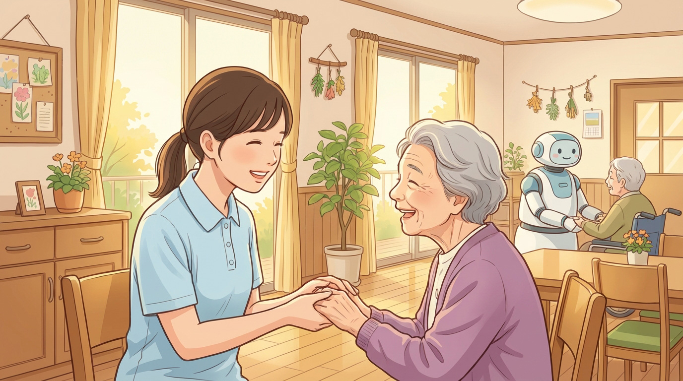明るい介護施設で、若い日本人女性介護士が高齢者の手を優しく握り、笑顔で会話している様子。
