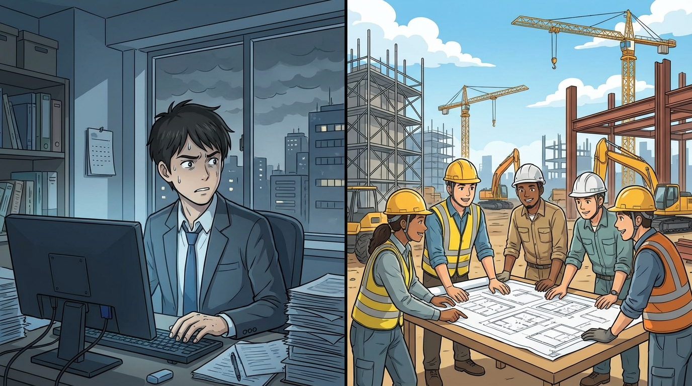 デスクでAIのニュースを見て不安げな表情を浮かべるオフィスワーカーと、対照的に活気ある現場の風景