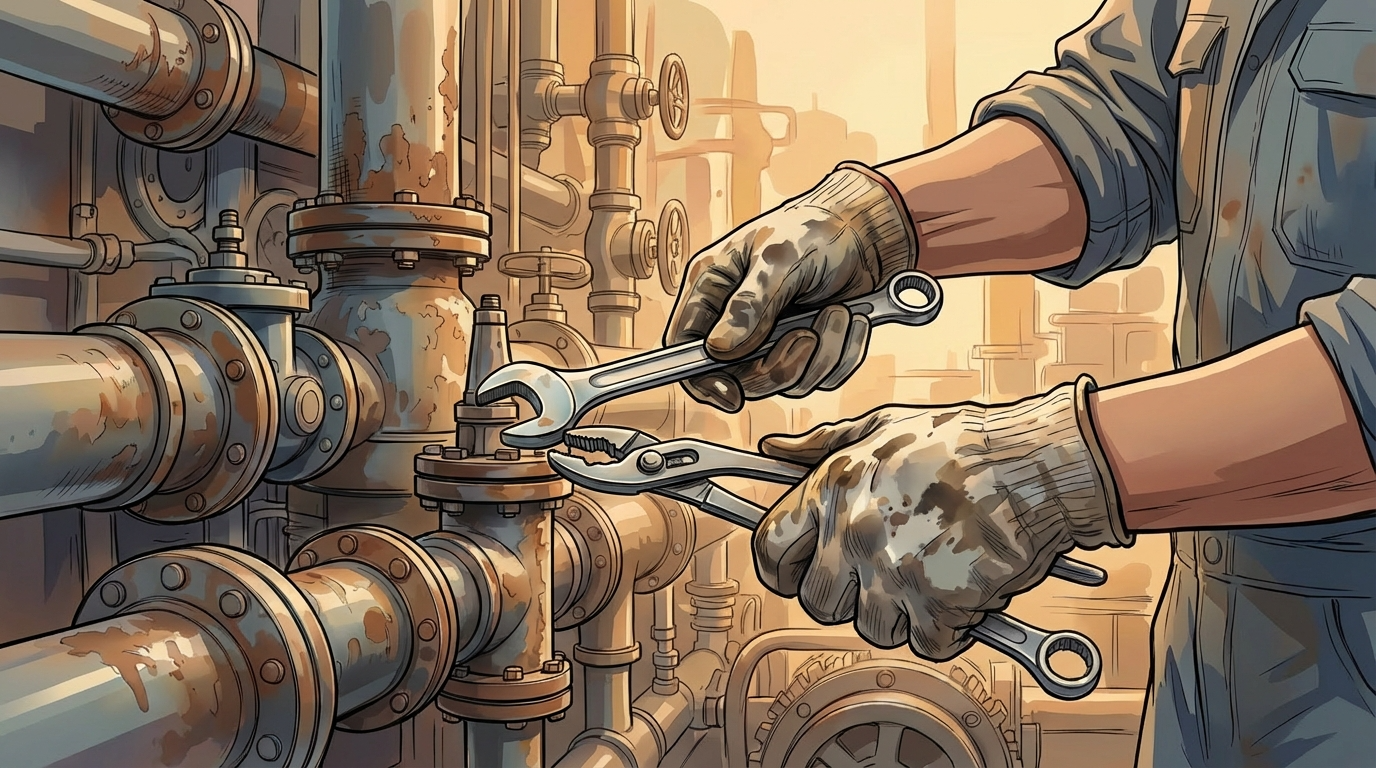 複雑な機械の内部を修理している技術者の手元。真剣な眼差しで、細かな調整を行っている様子。