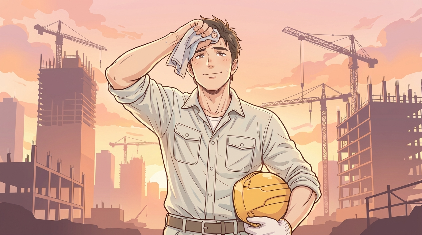 夕暮れ時、作業を終えて充実した表情でヘルメットを脱ぐ作業員。