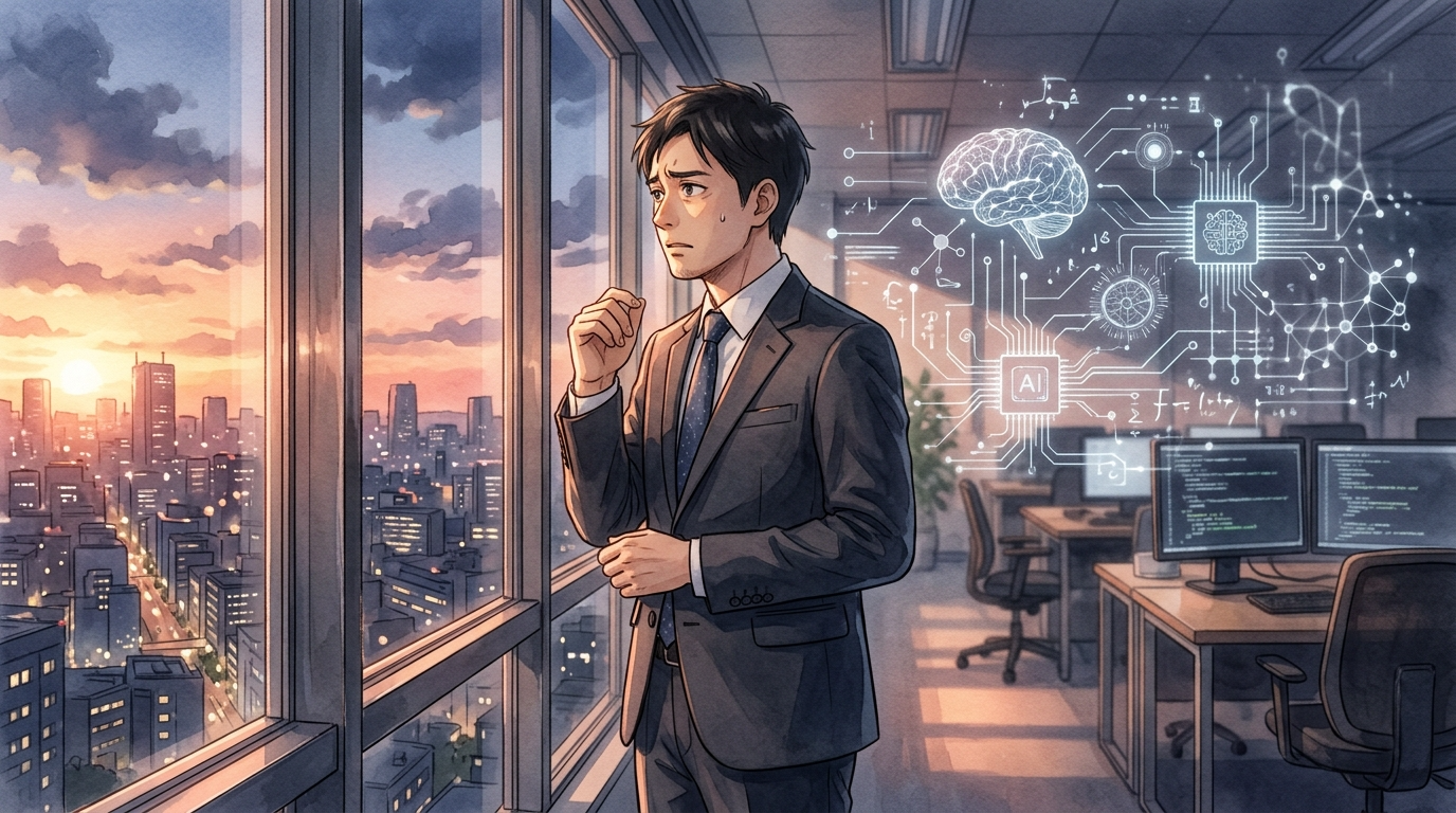 不安げな表情でオフィスの窓の外を見つめる30代の日本人ビジネスマン