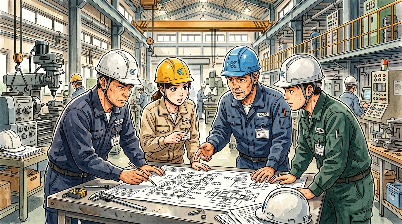 日本の建設現場や工場で働く30代〜40代の作業員たち。