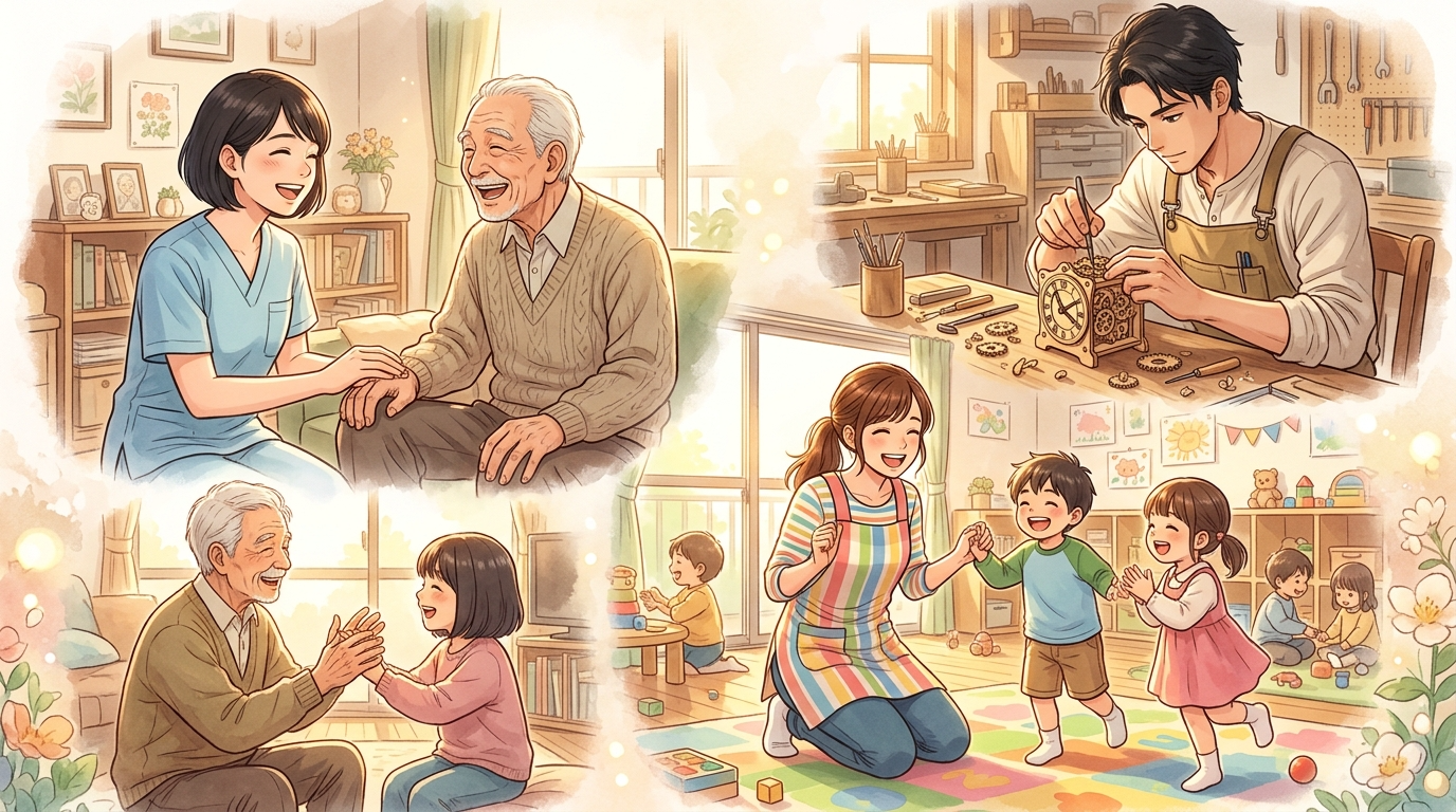 温かみのある職場で笑顔で働く人々。