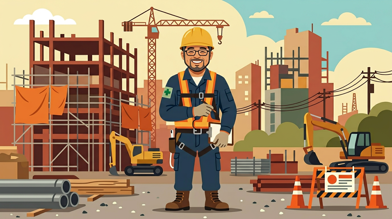 ヘルメット姿の作業員が笑顔で立つフラットイラスト