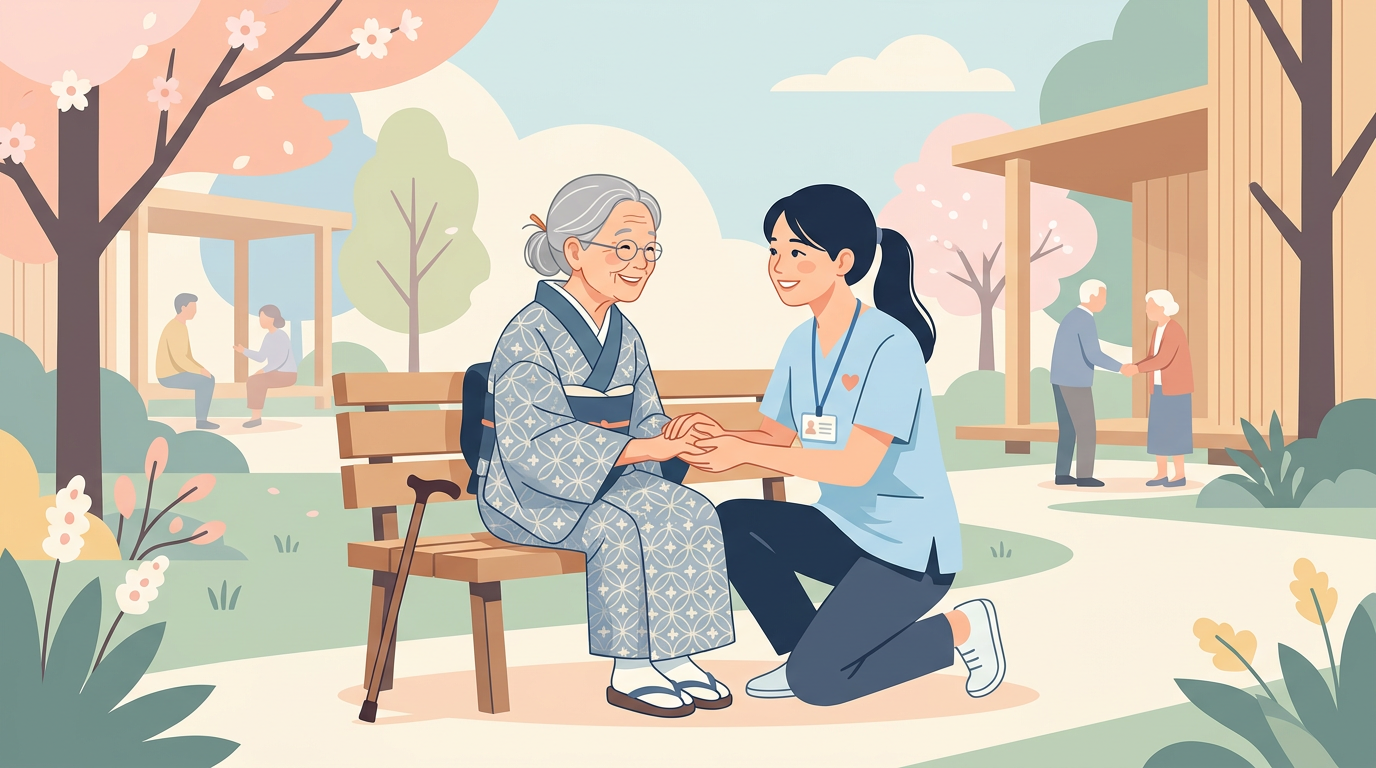 高齢者に優しく寄り添う作業員のフラットイラスト