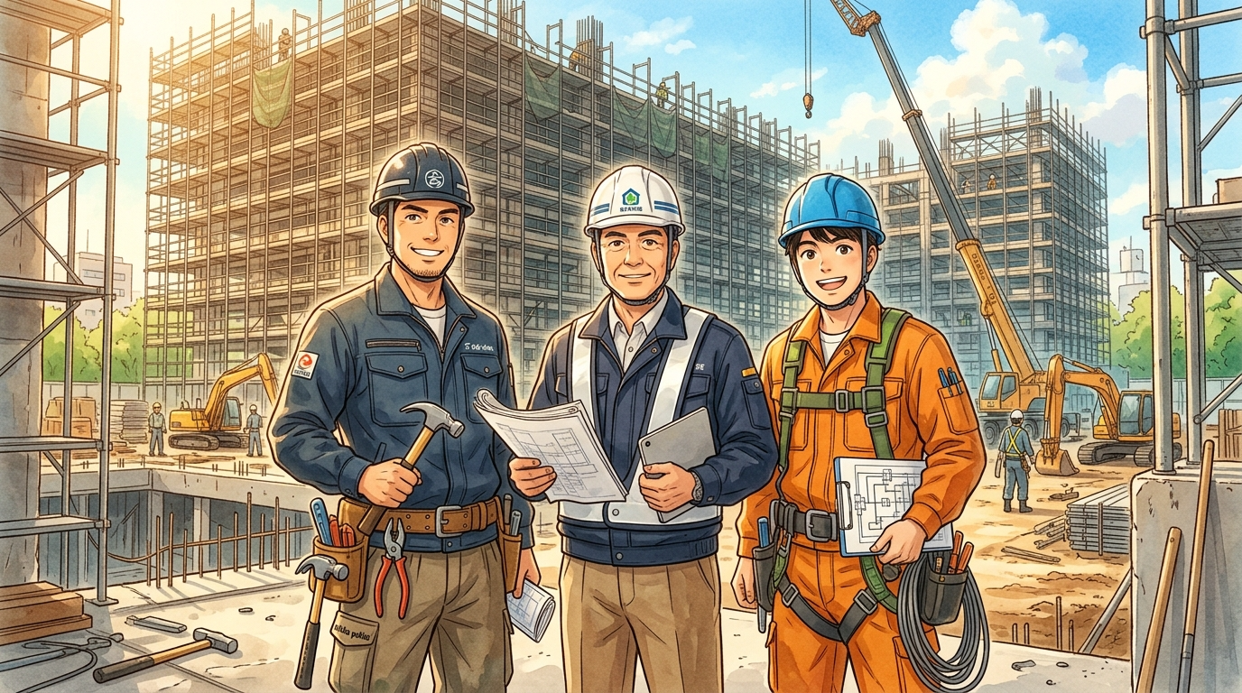 日本人の職人、電気工事士、施工管理者が一緒に立つ