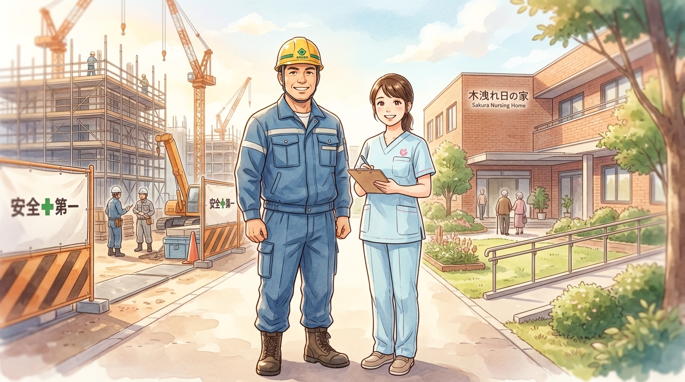 日本の建設現場や介護施設を背景に、ヘルメットを被った40代男性と介護士の女性が並んで微笑んでいるイラスト