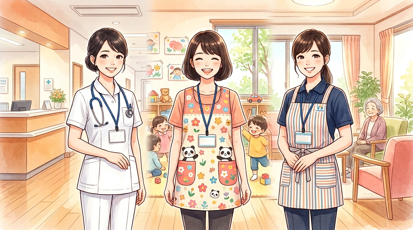 白衣の看護師、エプロン姿の保育士、介護士の制服を着た女性