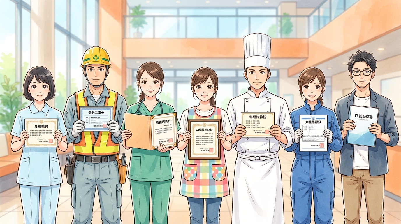 資格証や認定書を手に持つ様々な職業の人々