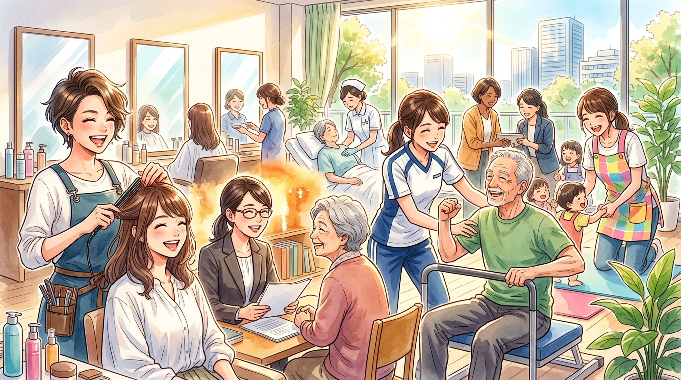 様々な職業（美容師、ソーシャルワーカー、リハビリ職など）の女性たちが生き生きと働いているシーン