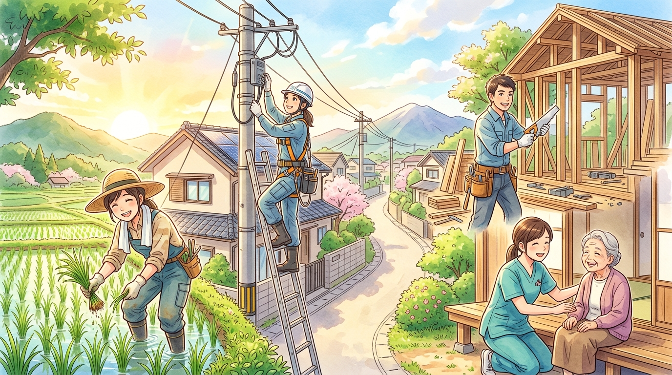 日本の農村や住宅街を背景に、40代のさまざまな職業の人々(農家、電気工事士、介護士、大工など)が前向きに仕事をしているシーン