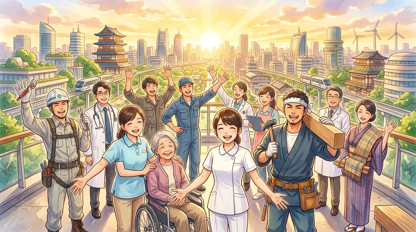 日本の職人や医療・福祉従事者が笑顔で手を広げているシーン