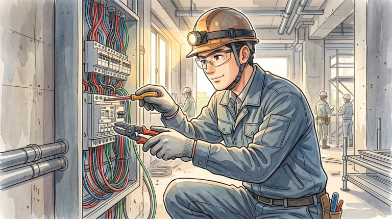 建設現場で分電盤に向かって電気配線の作業をする電気工事士