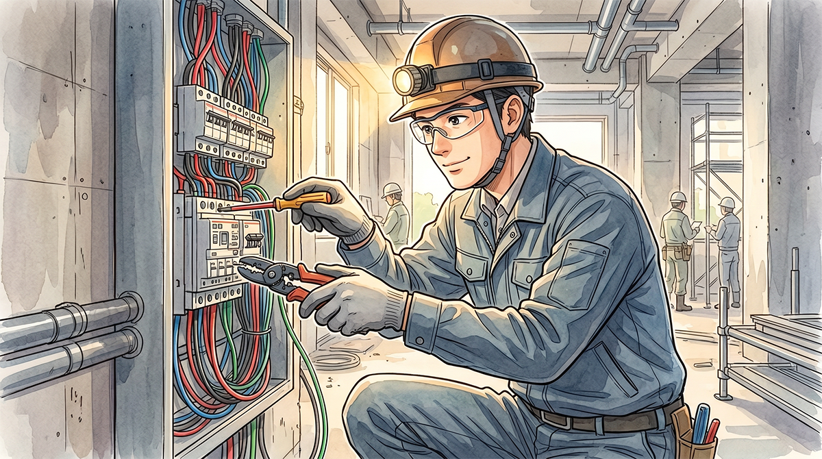 建設現場で分電盤に向かって電気配線の作業をする電気工事士